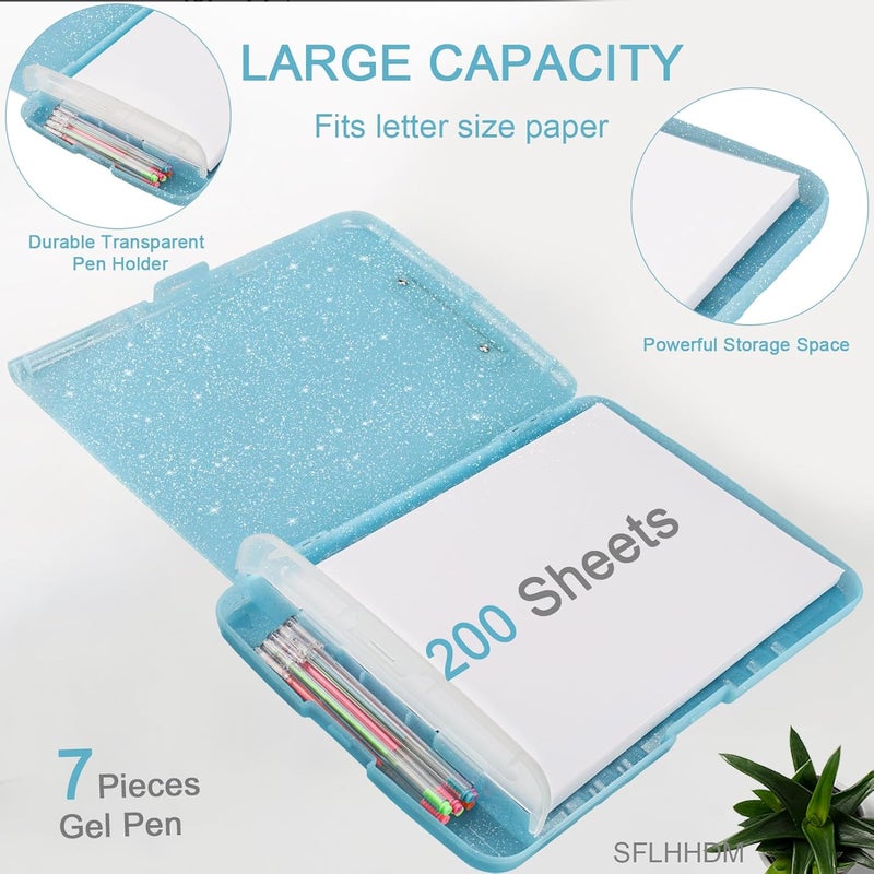 SFLHHDM Glitter Clipboard with Storage,Storage Clipboard with Pen Holder,A4 Binder Clip Boards 8.5x11 with Low Profile Clip,Side Opening Sparkle Clipboards, Clipboards Folder for Office Supplies-Aqua Blue - Image 3
